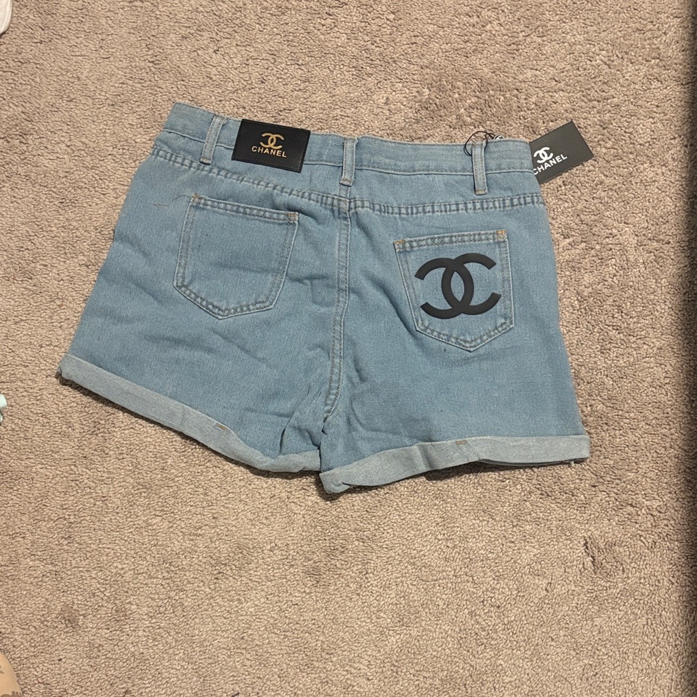 Light Blue Denim Jean Shorts with CC Back Pocket